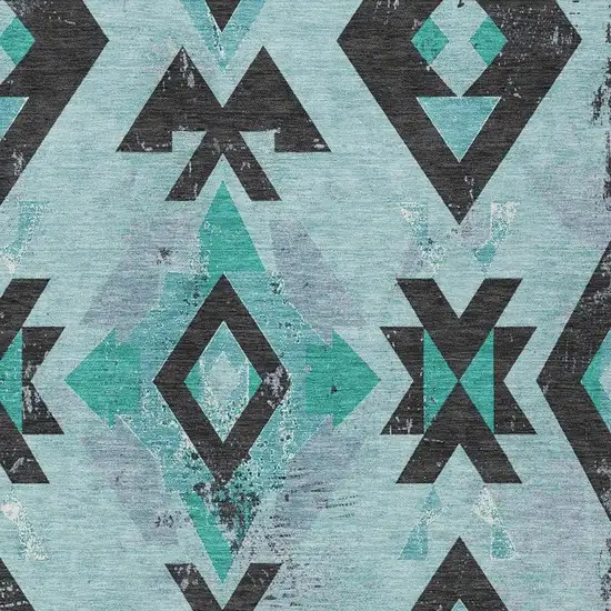 Teal Blue Charcoal And Pale Aqua Aztec Washable Indoor Outdoor Area Rug Photo 3