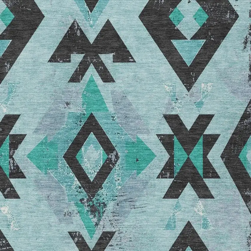 Teal Blue Charcoal And Pale Aqua Aztec Washable Indoor Outdoor Area Rug Photo 3