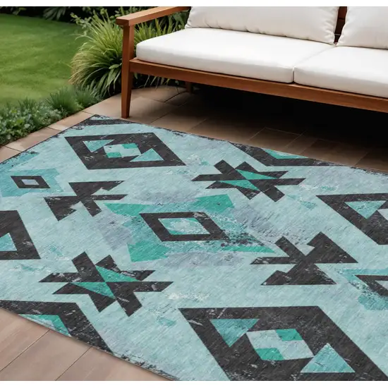 Teal Blue Charcoal And Pale Aqua Aztec Washable Indoor Outdoor Area Rug Photo 2