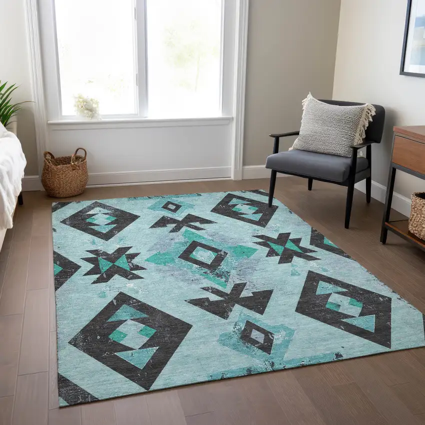 Teal Blue Charcoal And Pale Aqua Aztec Washable Indoor Outdoor Area Rug Photo 7