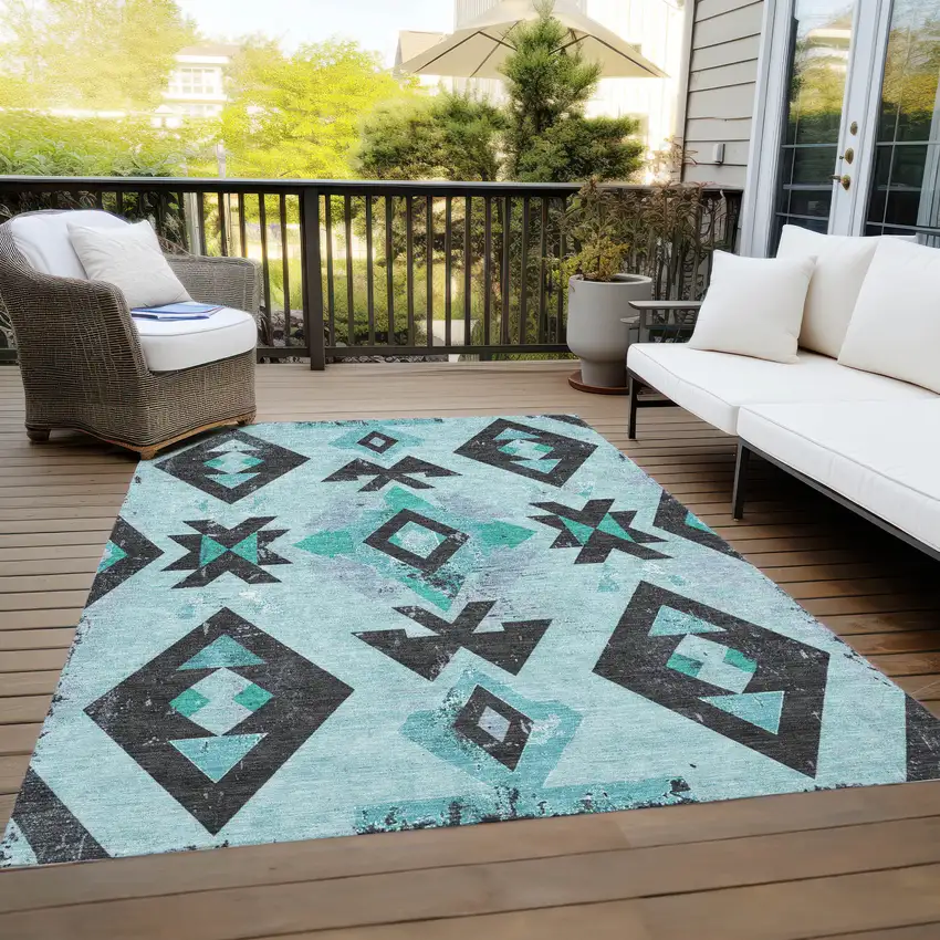 Teal Blue Charcoal And Pale Aqua Aztec Washable Indoor Outdoor Area Rug Photo 8