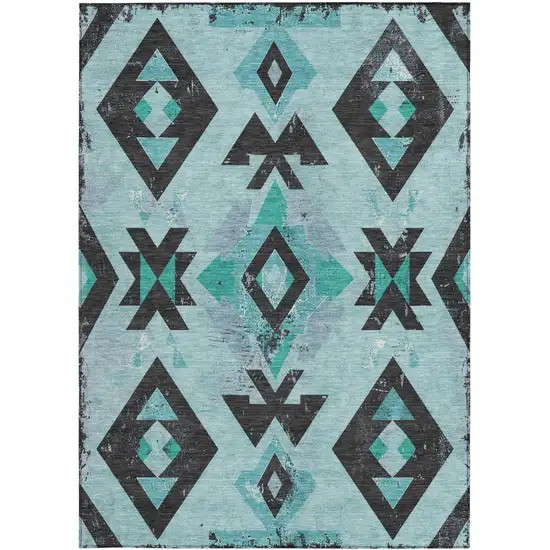 Teal Blue Charcoal And Pale Aqua Aztec Washable Indoor Outdoor Area Rug Photo 4