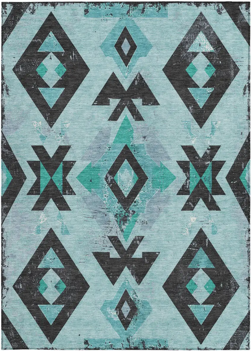 Teal Blue Charcoal And Pale Aqua Aztec Washable Indoor Outdoor Area Rug Photo 4