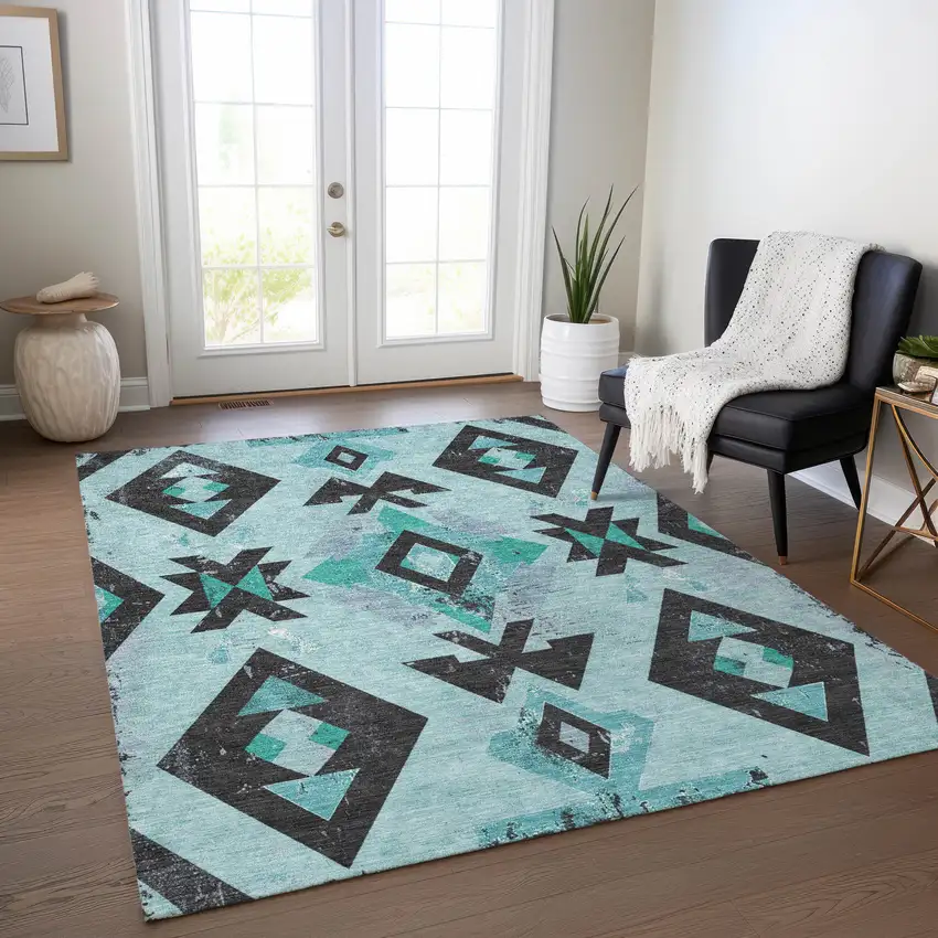 Teal Blue Charcoal And Pale Aqua Aztec Washable Indoor Outdoor Area Rug Photo 6