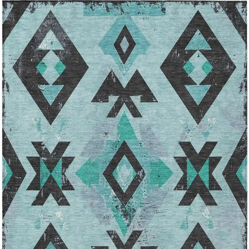 Teal Blue Charcoal And Pale Aqua Aztec Washable Indoor Outdoor Area Rug Photo 3