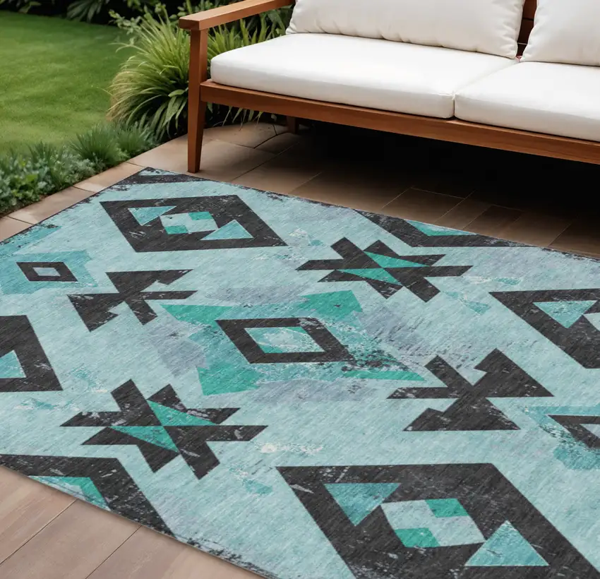 Teal Blue Charcoal And Pale Aqua Aztec Washable Indoor Outdoor Area Rug Photo 2