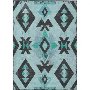 Photo of Teal Blue Charcoal And Pale Aqua Aztec Washable Indoor Outdoor Area Rug