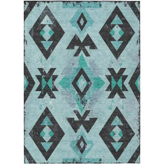 Teal Blue Charcoal And Pale Aqua Aztec Washable Indoor Outdoor Area Rug Photo 1