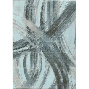 Photo of Teal Blue Charcoal And Silver Abstract Washable Indoor Outdoor Area Rug