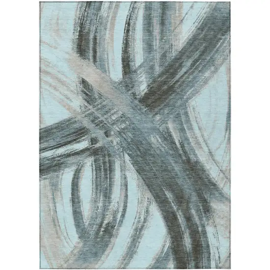 Teal Blue Charcoal And Silver Abstract Washable Indoor Outdoor Area Rug Photo 1