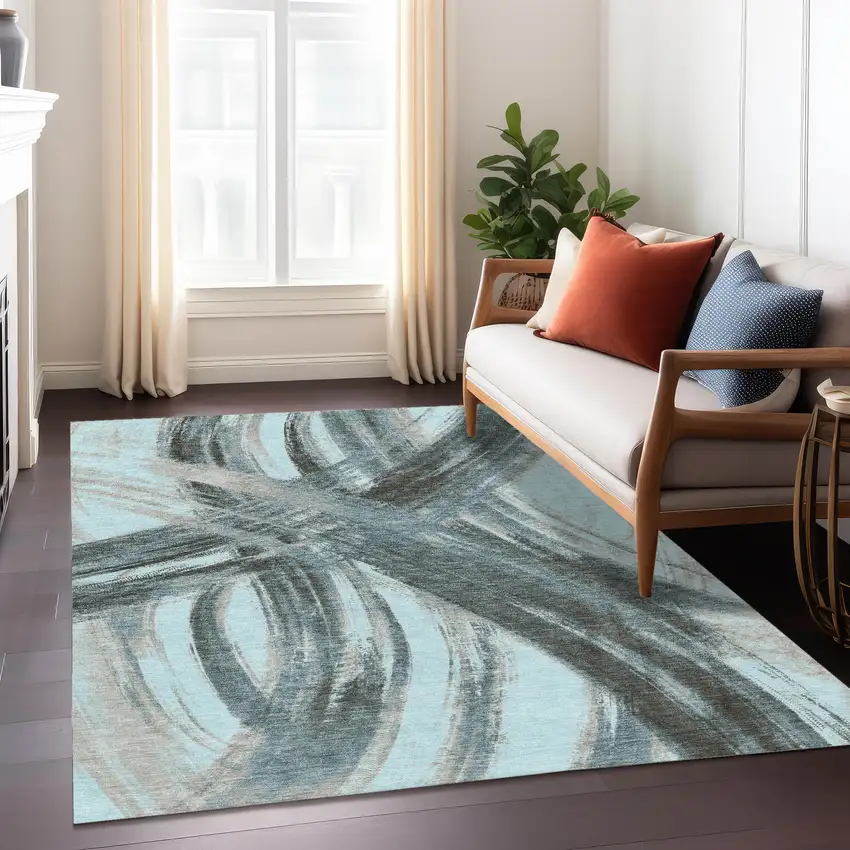 Teal Blue Charcoal And Silver Abstract Washable Indoor Outdoor Area Rug Photo 6