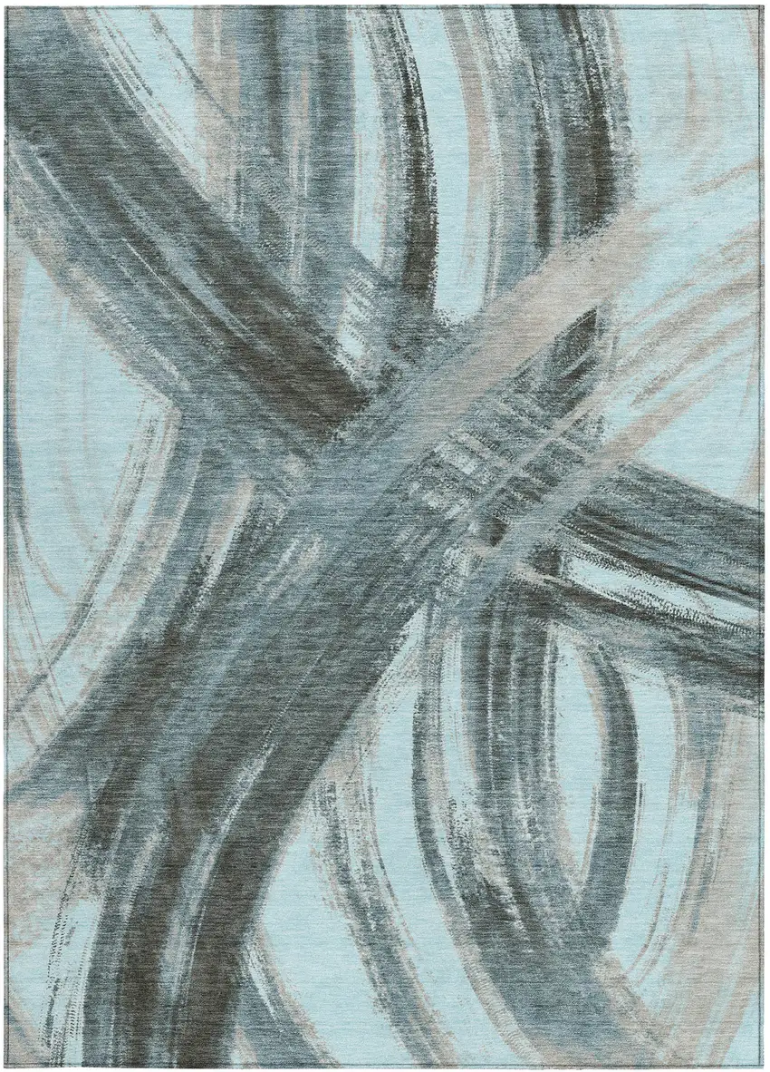 Teal Blue Charcoal And Silver Abstract Washable Indoor Outdoor Area Rug Photo 3