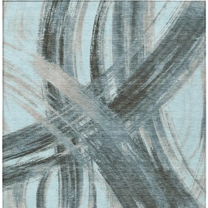 Teal Blue Charcoal And Silver Abstract Washable Indoor Outdoor Area Rug Photo 3