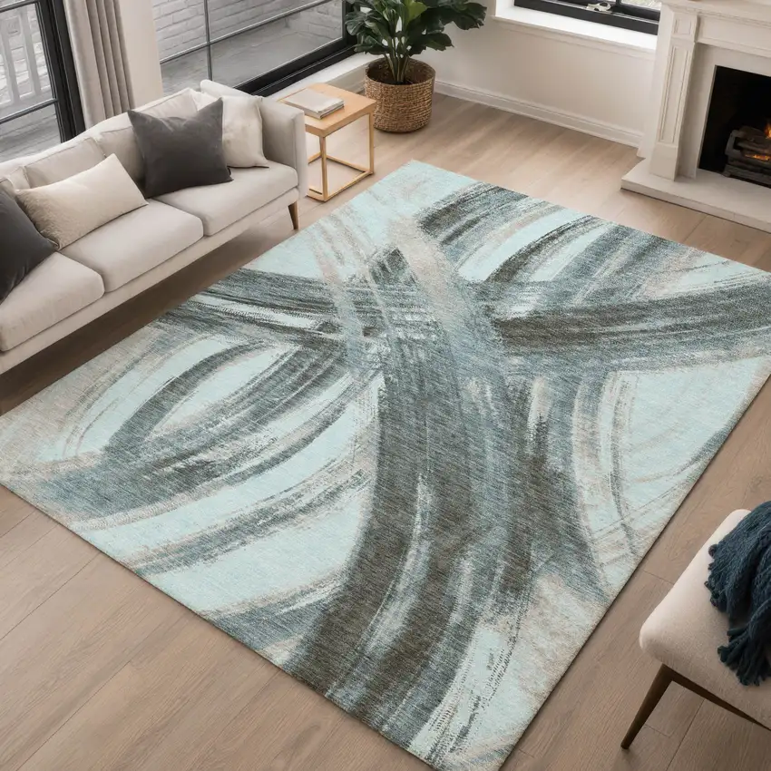 Teal Blue Charcoal And Silver Abstract Washable Indoor Outdoor Area Rug Photo 5