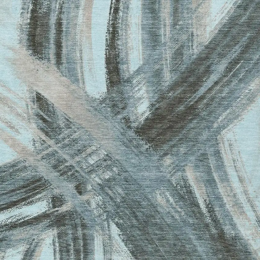 Teal Blue Charcoal And Silver Abstract Washable Indoor Outdoor Area Rug Photo 2