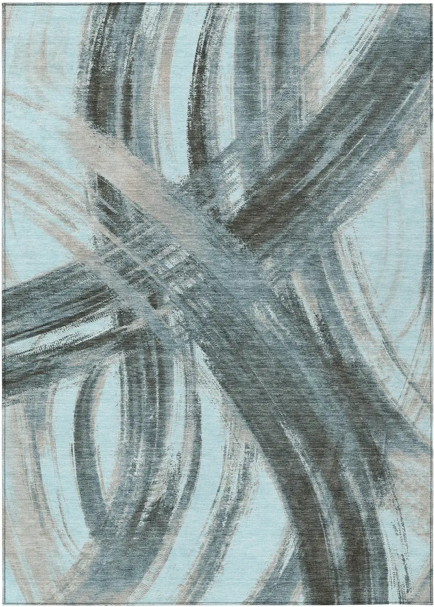 Teal Blue Charcoal And Silver Abstract Washable Indoor Outdoor Area Rug Photo 1