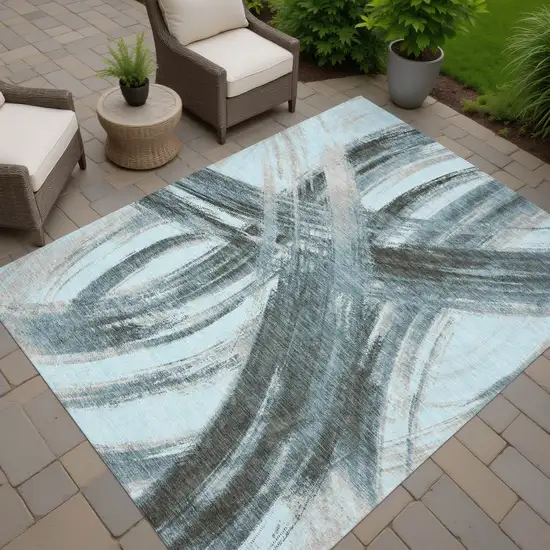 Teal Blue Charcoal And Silver Abstract Washable Indoor Outdoor Area Rug Photo 7