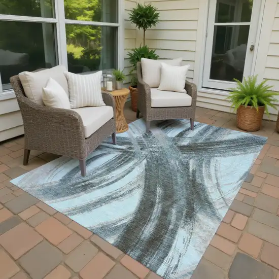 Teal Blue Charcoal And Silver Abstract Washable Indoor Outdoor Area Rug Photo 4