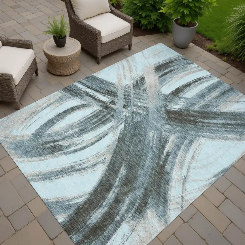 Teal Blue Charcoal And Silver Abstract Washable Indoor Outdoor Area Rug Photo 7