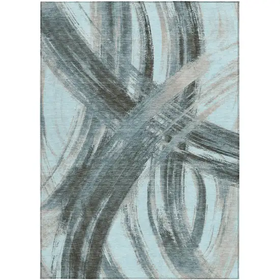Teal Blue Charcoal And Silver Abstract Washable Indoor Outdoor Area Rug Photo 3