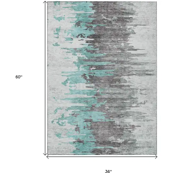 Teal Blue Charcoal And Silver Abstract Washable Indoor Outdoor Area Rug Photo 3
