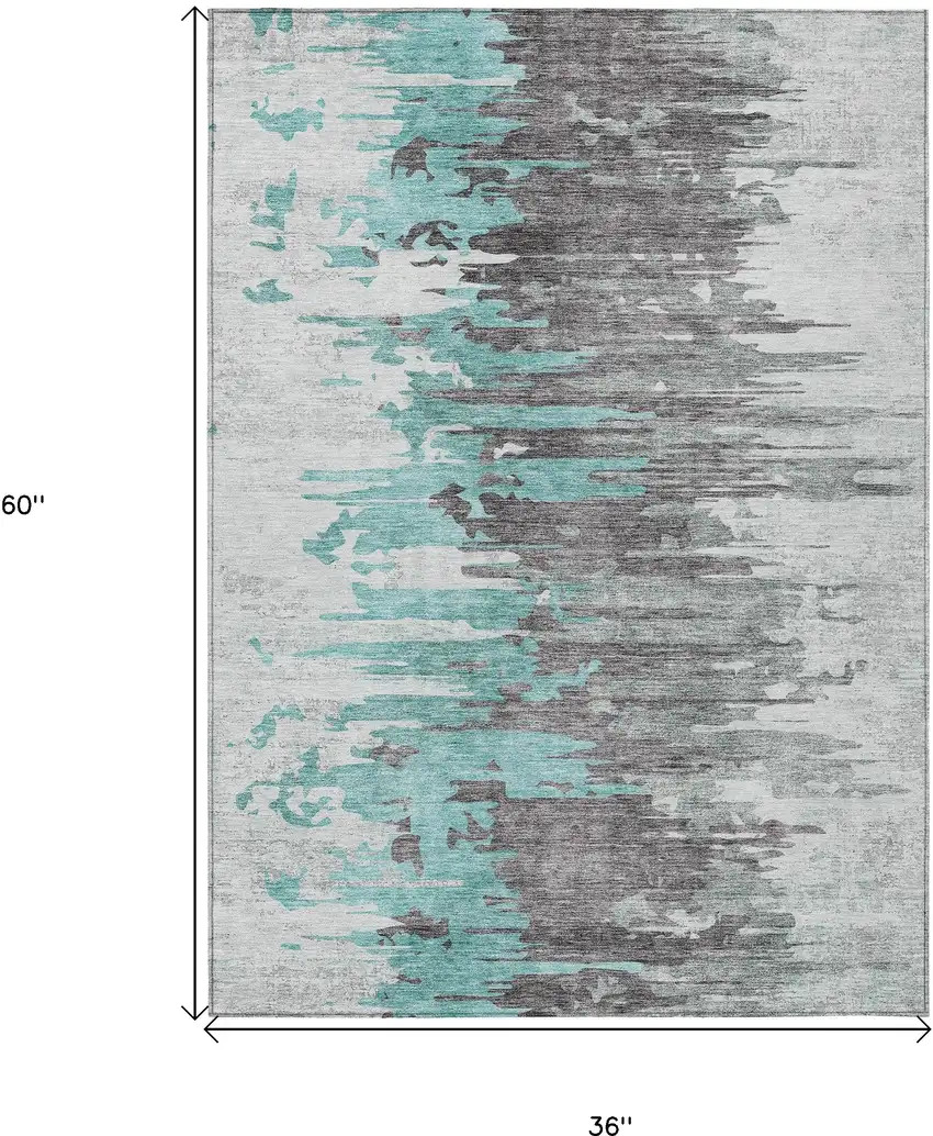 Teal Blue Charcoal And Silver Abstract Washable Indoor Outdoor Area Rug Photo 3