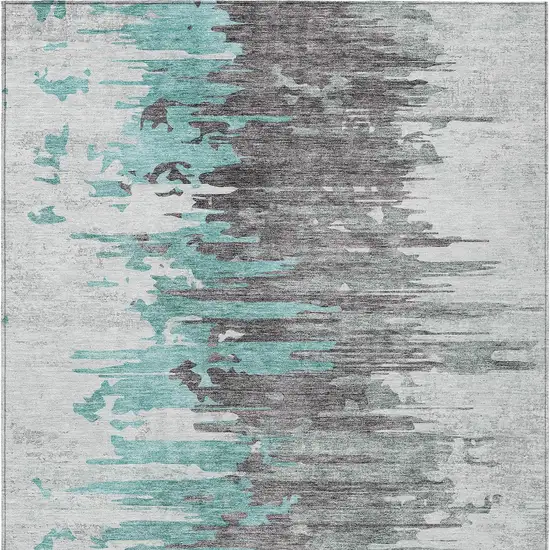 Teal Blue Charcoal And Silver Abstract Washable Indoor Outdoor Area Rug Photo 5