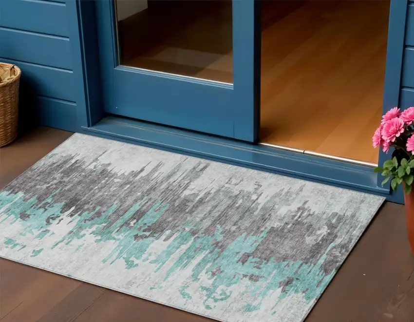 Teal Blue Charcoal And Silver Abstract Washable Indoor Outdoor Area Rug Photo 1