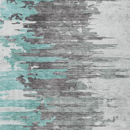 Teal Blue Charcoal And Silver Abstract Washable Indoor Outdoor Area Rug Photo 4