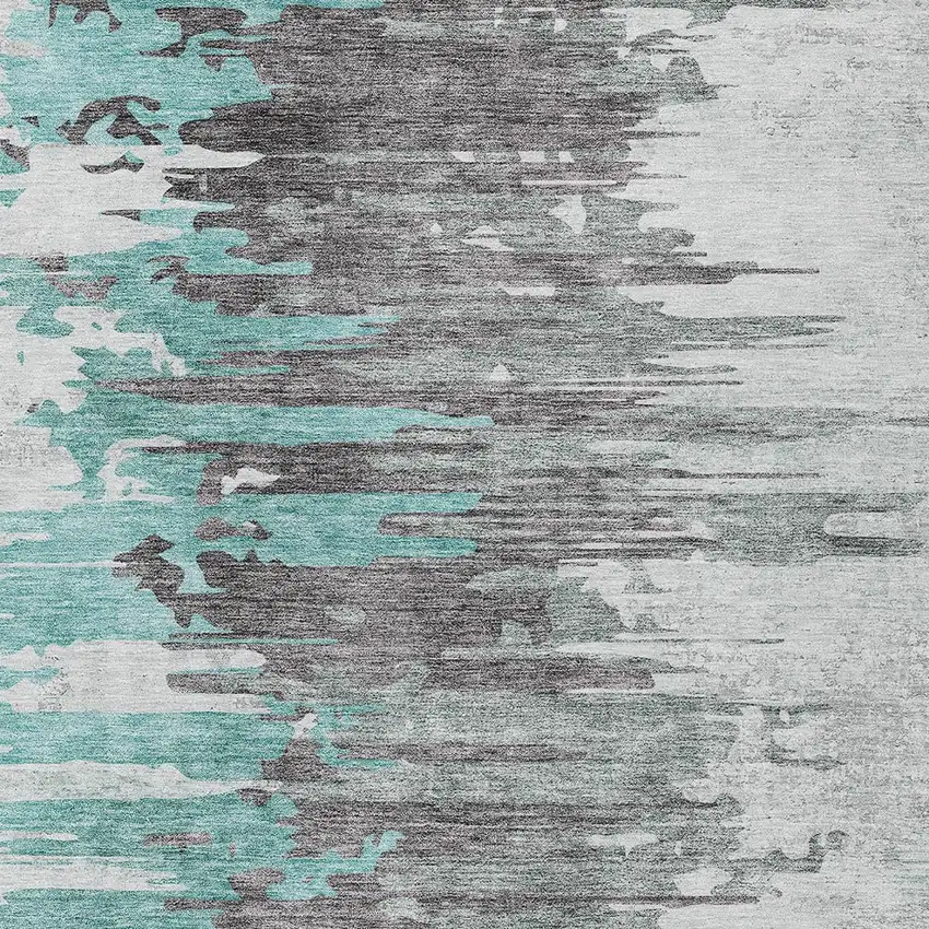Teal Blue Charcoal And Silver Abstract Washable Indoor Outdoor Area Rug Photo 4