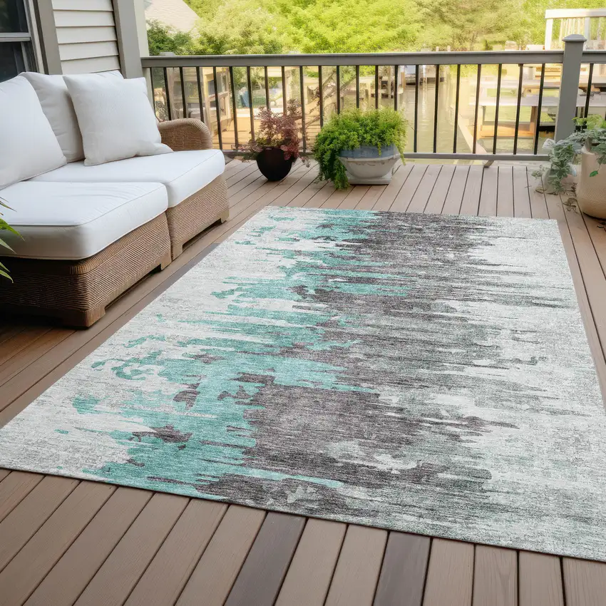 Teal Blue Charcoal And Silver Abstract Washable Indoor Outdoor Area Rug Photo 6