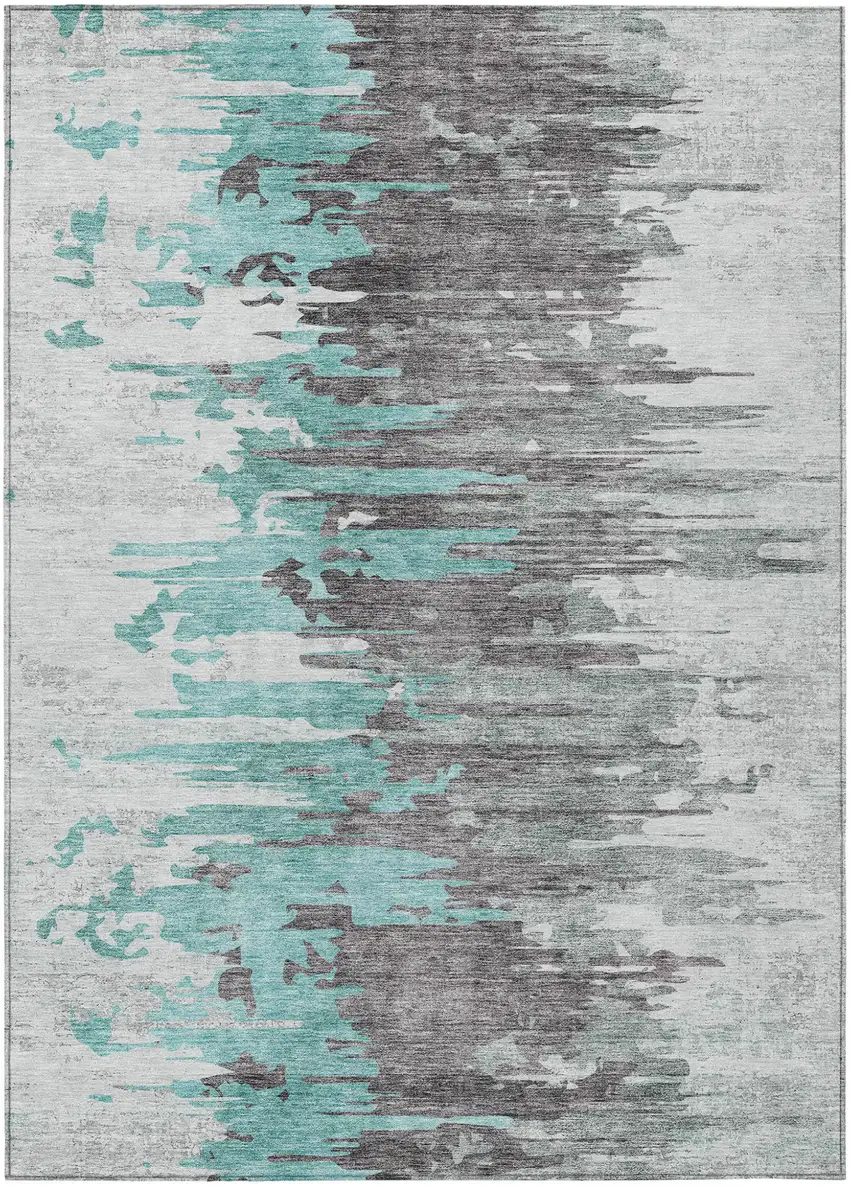 Teal Blue Charcoal And Silver Abstract Washable Indoor Outdoor Area Rug Photo 1