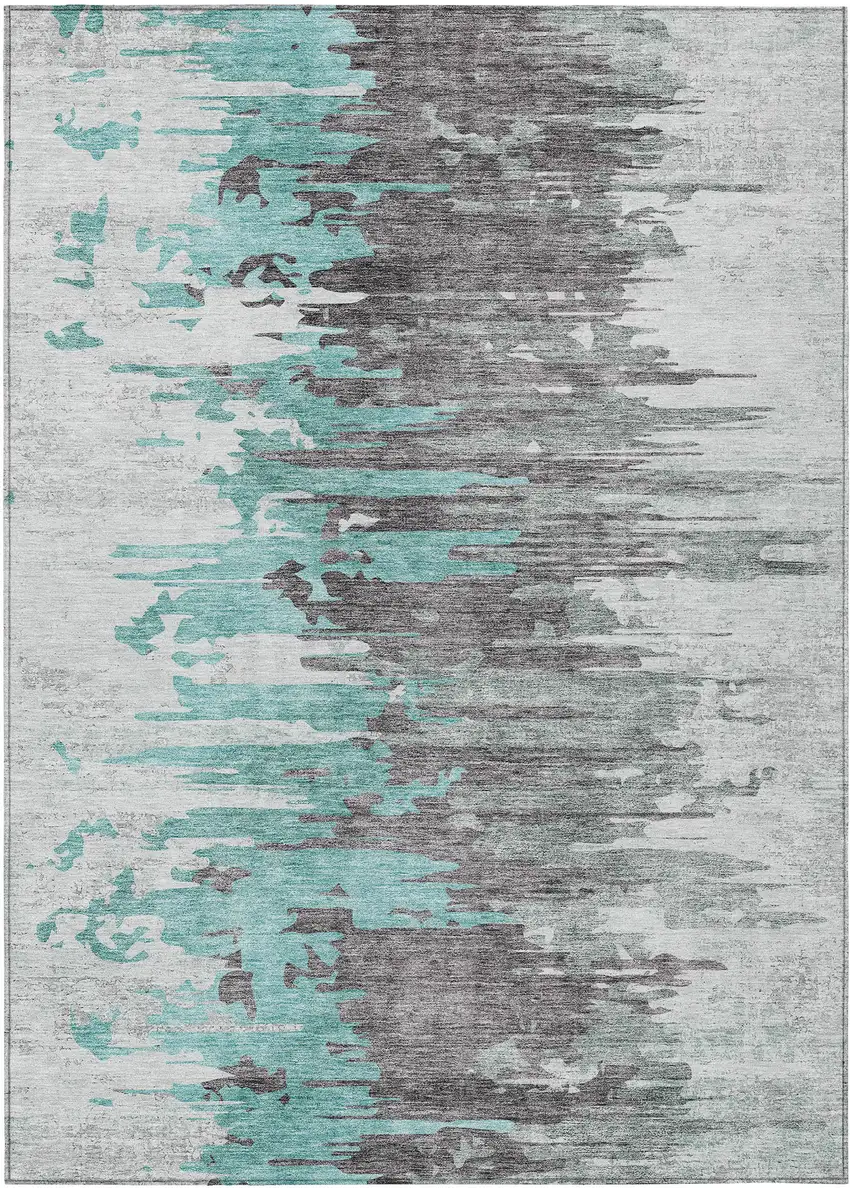 Teal Blue Charcoal And Silver Abstract Washable Indoor Outdoor Area Rug Photo 1
