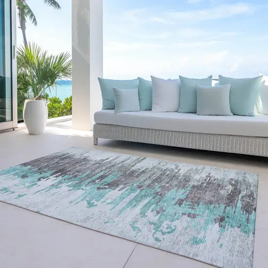 Teal Blue Charcoal And Silver Abstract Washable Indoor Outdoor Area Rug Photo 9