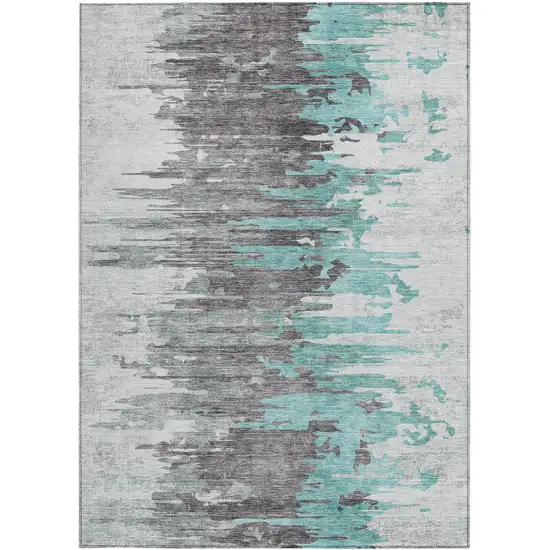 Teal Blue Charcoal And Silver Abstract Washable Indoor Outdoor Area Rug Photo 5