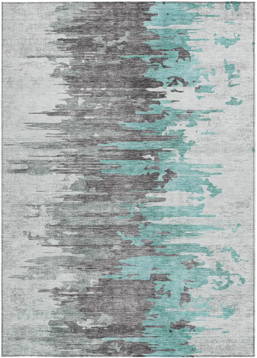 Teal Blue Charcoal And Silver Abstract Washable Indoor Outdoor Area Rug Photo 5