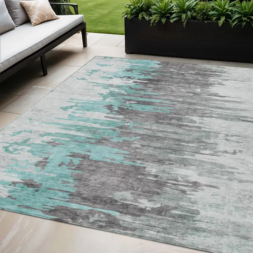 Teal Blue Charcoal And Silver Abstract Washable Indoor Outdoor Area Rug Photo 1