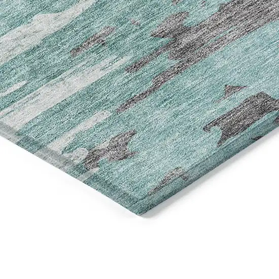 Teal Blue Charcoal And Silver Abstract Washable Indoor Outdoor Area Rug Photo 3