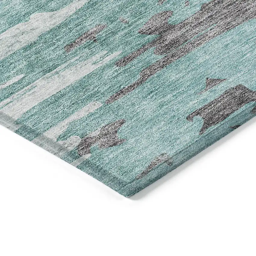 Teal Blue Charcoal And Silver Abstract Washable Indoor Outdoor Area Rug Photo 3