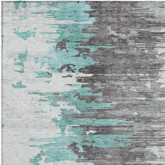 Teal Blue Charcoal And Silver Abstract Washable Indoor Outdoor Area Rug Photo 4