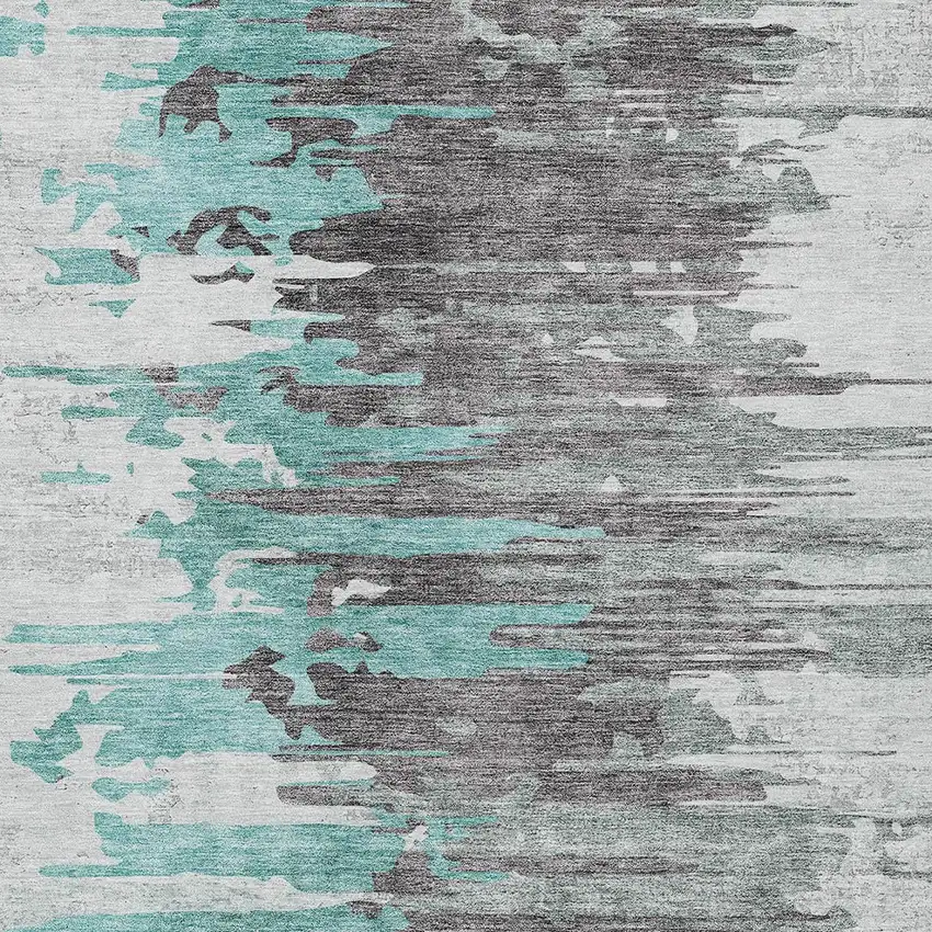 Teal Blue Charcoal And Silver Abstract Washable Indoor Outdoor Area Rug Photo 4