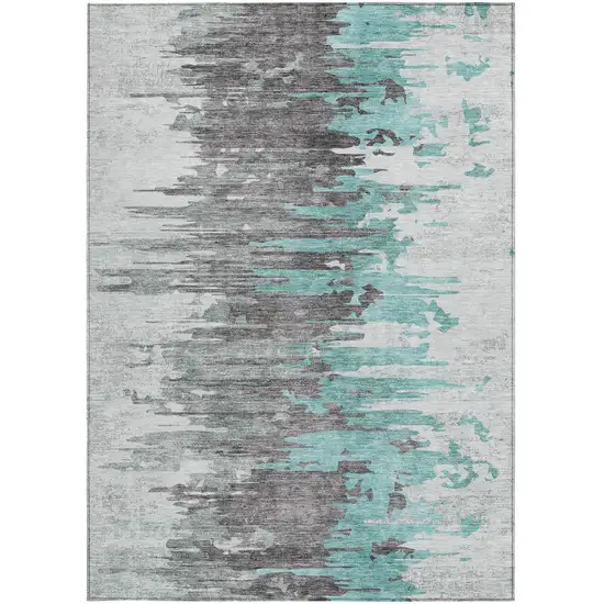 Teal Blue Charcoal And Silver Abstract Washable Indoor Outdoor Area Rug Photo 5