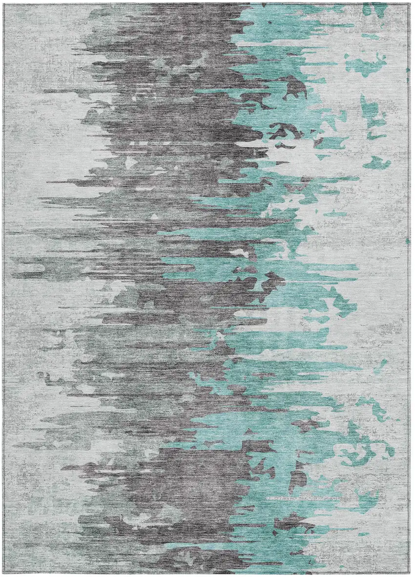 Teal Blue Charcoal And Silver Abstract Washable Indoor Outdoor Area Rug Photo 5