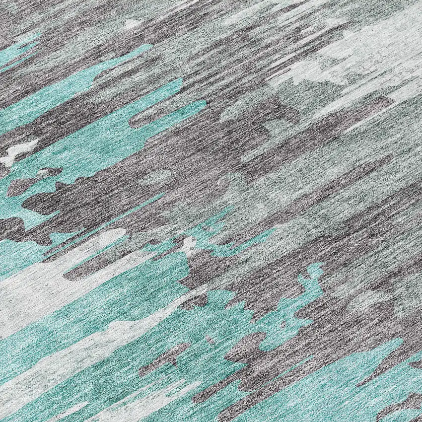 Teal Blue Charcoal And Silver Abstract Washable Indoor Outdoor Area Rug Photo 7