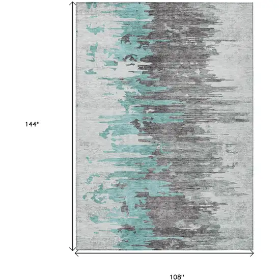 Teal Blue Charcoal And Silver Abstract Washable Indoor Outdoor Area Rug Photo 3