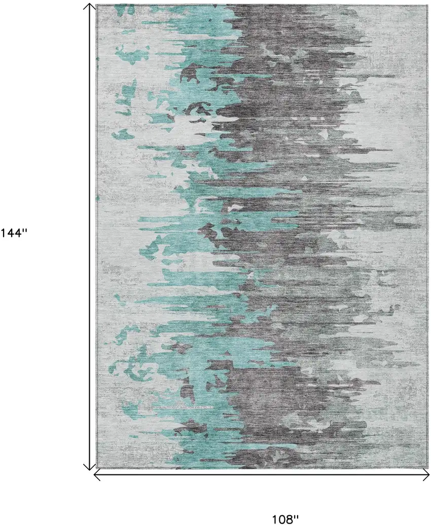 Teal Blue Charcoal And Silver Abstract Washable Indoor Outdoor Area Rug Photo 3