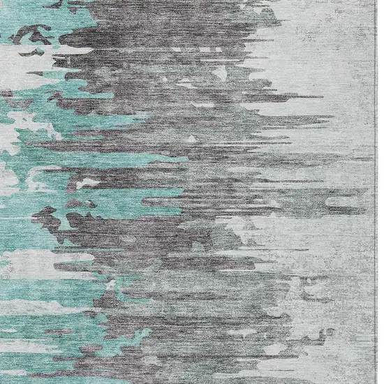 Teal Blue Charcoal And Silver Abstract Washable Indoor Outdoor Area Rug Photo 4