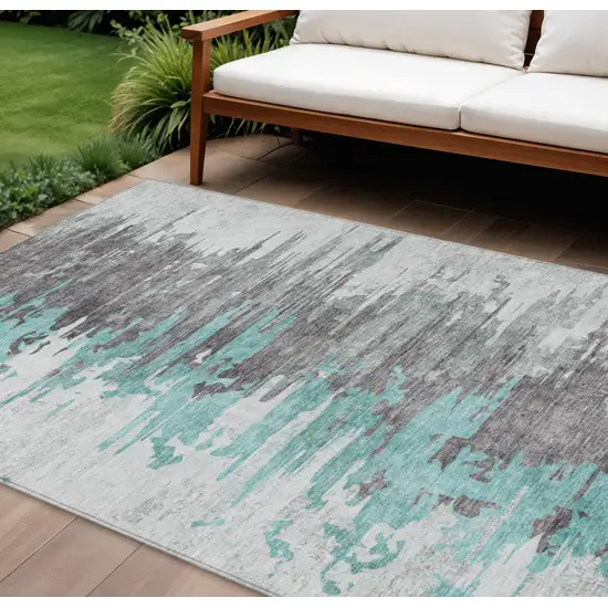 Teal Blue Charcoal And Silver Abstract Washable Indoor Outdoor Area Rug Photo 1