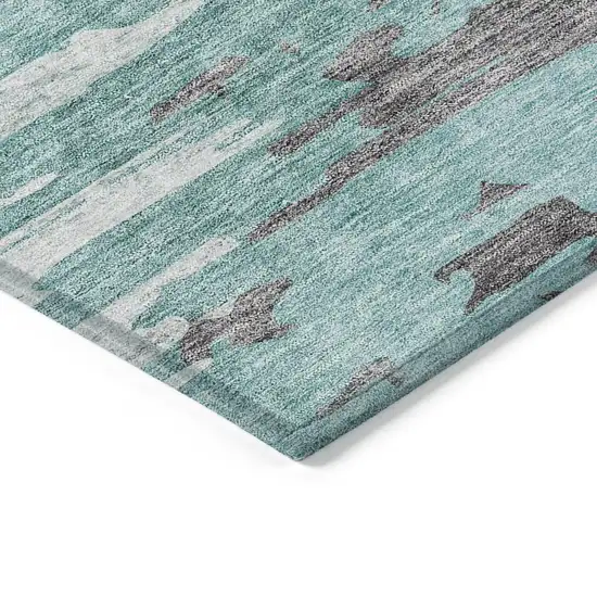 Teal Blue Charcoal And Silver Abstract Washable Indoor Outdoor Area Rug Photo 3