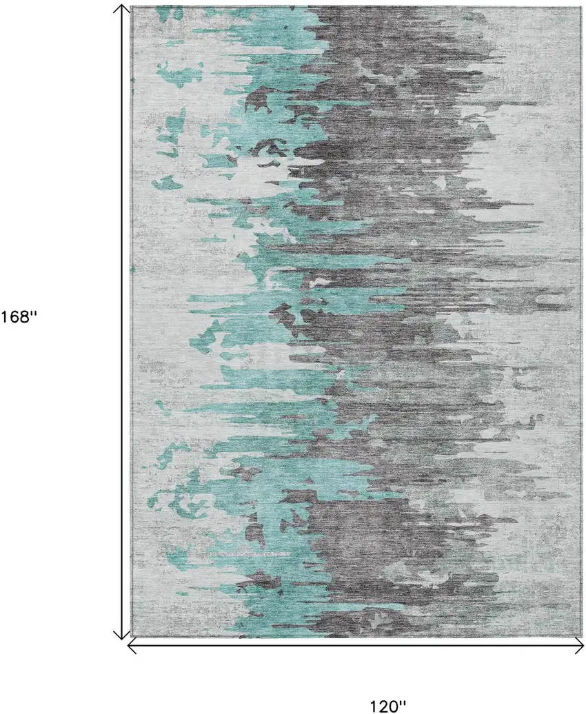 Teal Blue Charcoal And Silver Abstract Washable Indoor Outdoor Area Rug Photo 3